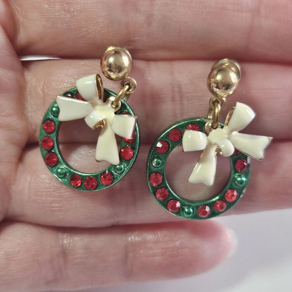 Dangling Green Christmas Wreath Earrings With White Enamel Bow And Red...